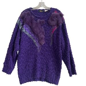 20 Ans Purple Art to Wear Sweater M/L Faux Fur Sequin Beaded Knit Statement Top
